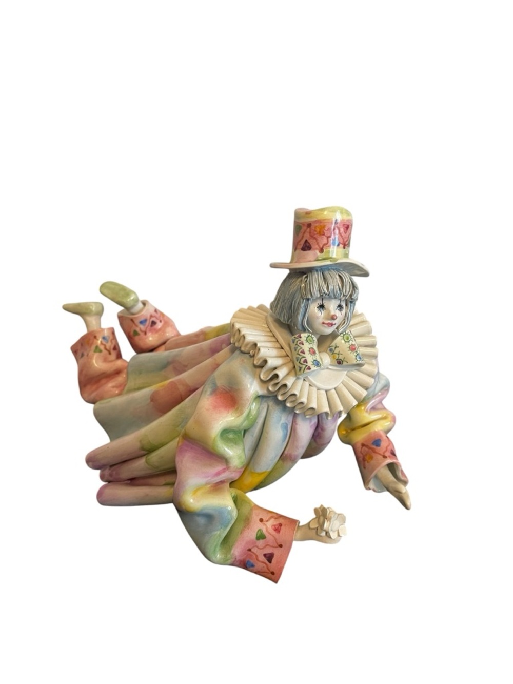 Gump's Italy Ceramic Reclining Clown Figurine Pastel Hand Painted Pierrot Art